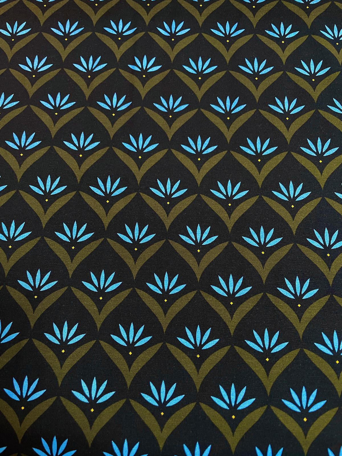 Jersey "Art Deco Bloom" dunkelblau mit grafischen Blumen